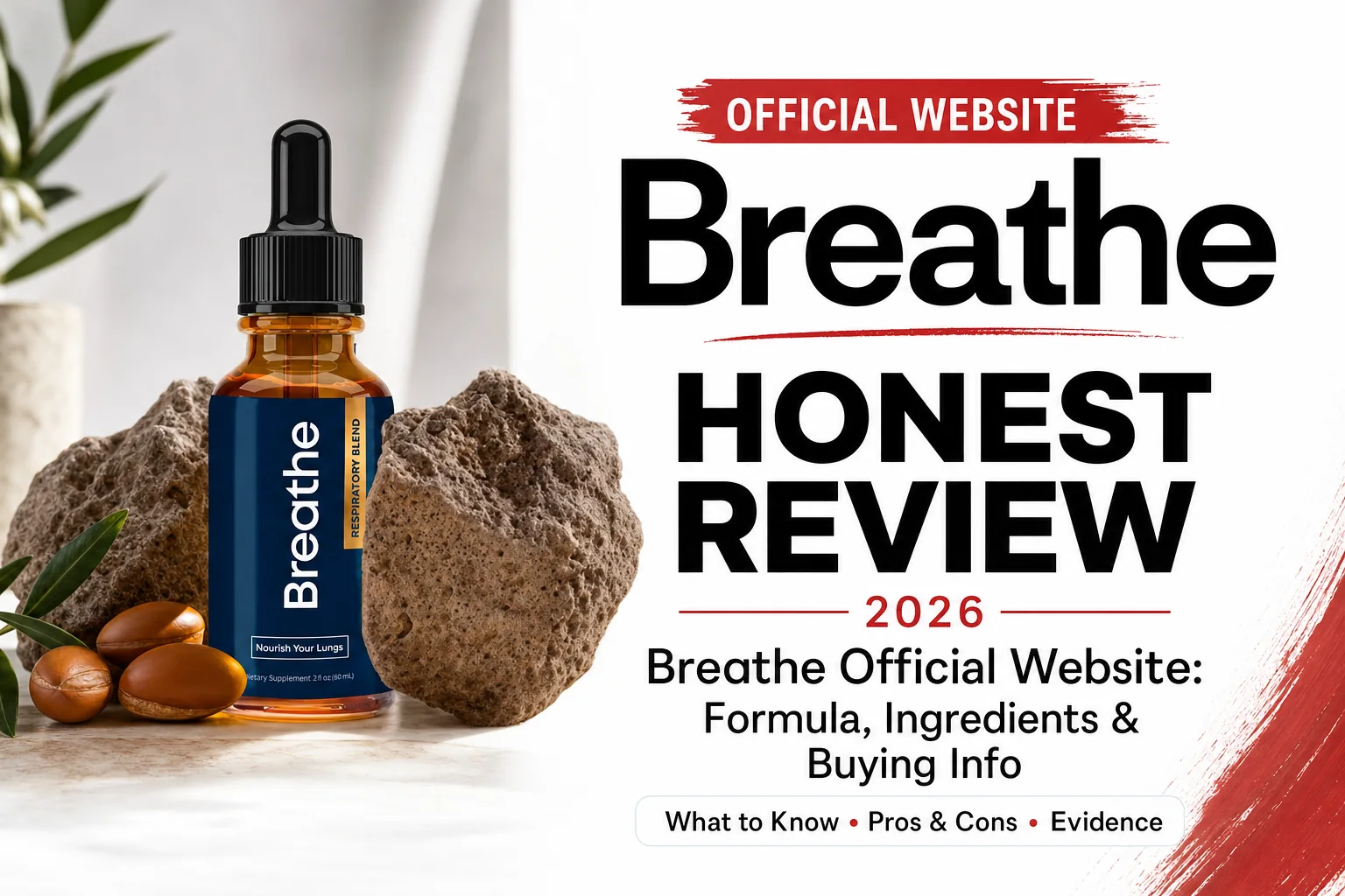 breathe official website honest review thumbnail with 2026 headline, Breathe supplement bottle, pros cons and evidence summary