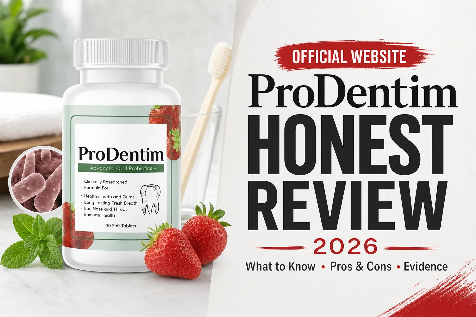 ProDentim official website review thumbnail featuring the product package and evidence-based buyer guide headline.