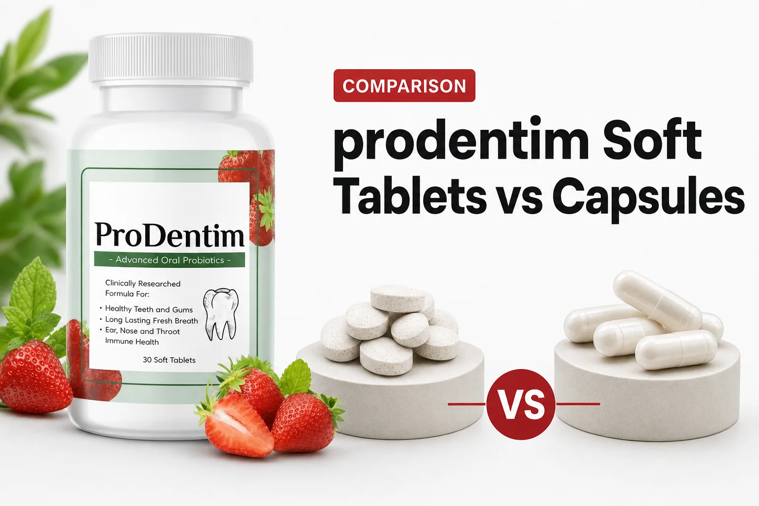 ProDentim soft tablets vs capsules review thumbnail with official ProDentim bottle, bold headline, 2026, and honest guide highlights.